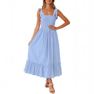 ZESICA Blue Tie Strap Shirred Boho Maxi Dress | Ruffle Hem | Size Large